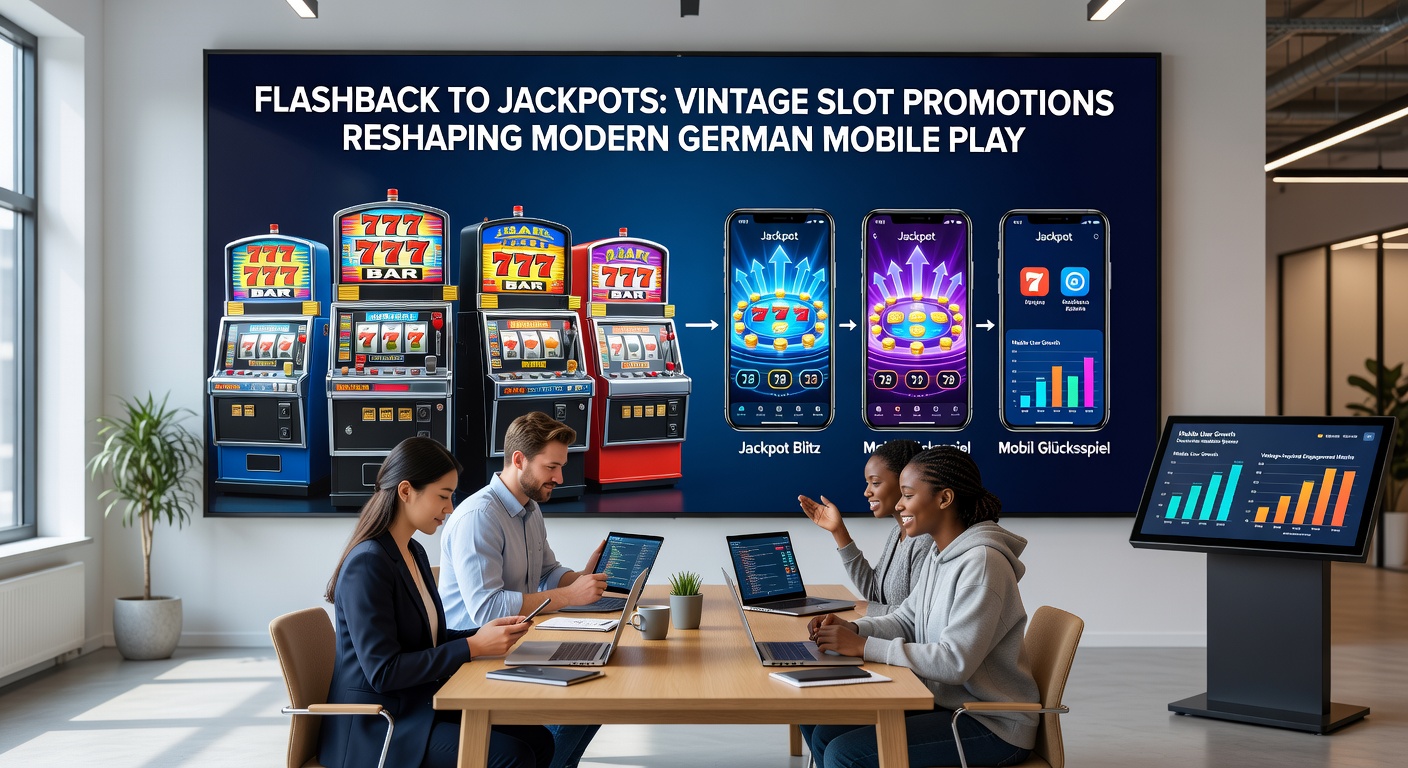 Moderne Smartphone-App mit vintage Slot-Design, Jackpot-Anzeige leuchtet auf, umgeben von Frucht-Symbolen und Neon-Effekten