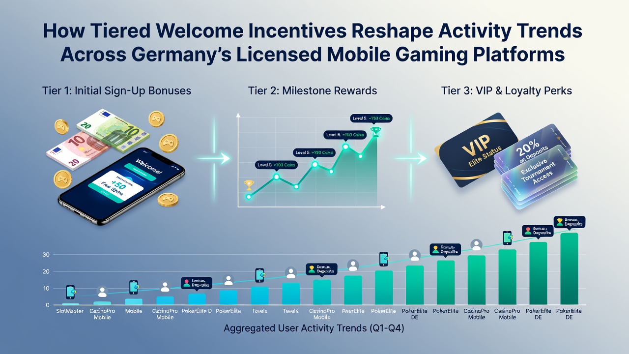 Darstellung gestaffelter Willkommensanreize auf einer deutschen mobilen Gaming-Plattform mit verschiedenen Bonus-Stufen und Nutzerinteraktionen